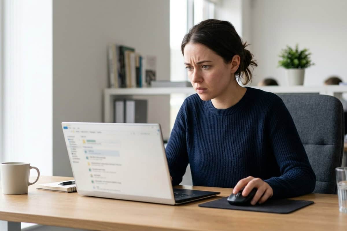 Woman sits at a wooden desk using a laptop and mouse in a bright office, looking focused on the screen.
