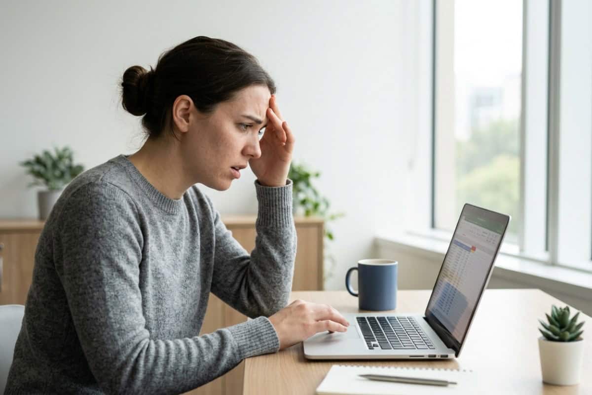 An anxious woman in a gray sweater sits at a desk, hand on her forehead, looking at a laptop in a bright room with a mug nearby.