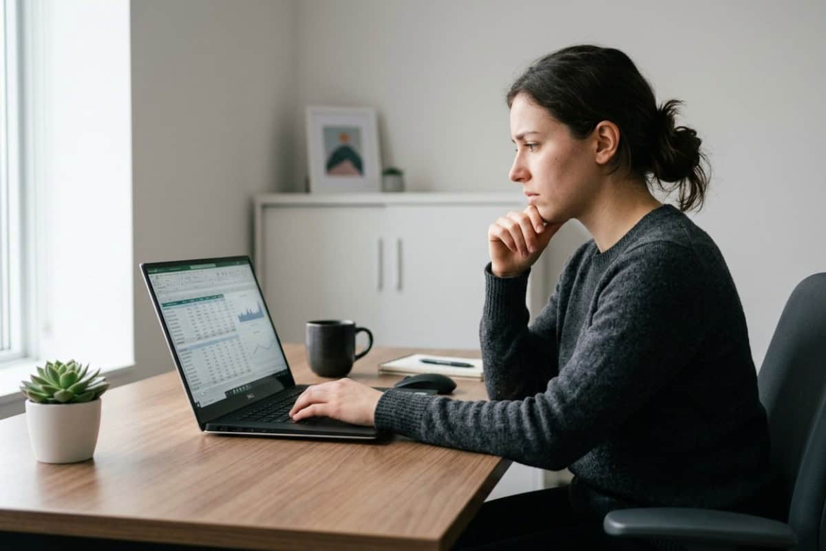 Woman in a gray sweater sits at a wooden desk, working on a laptop with charts on the screen.