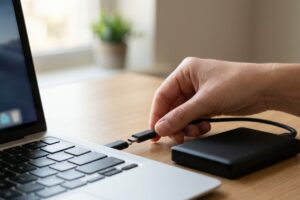 Close-up of a person connecting an external backup hard drive to a laptop to restore accidentally deleted work files.
