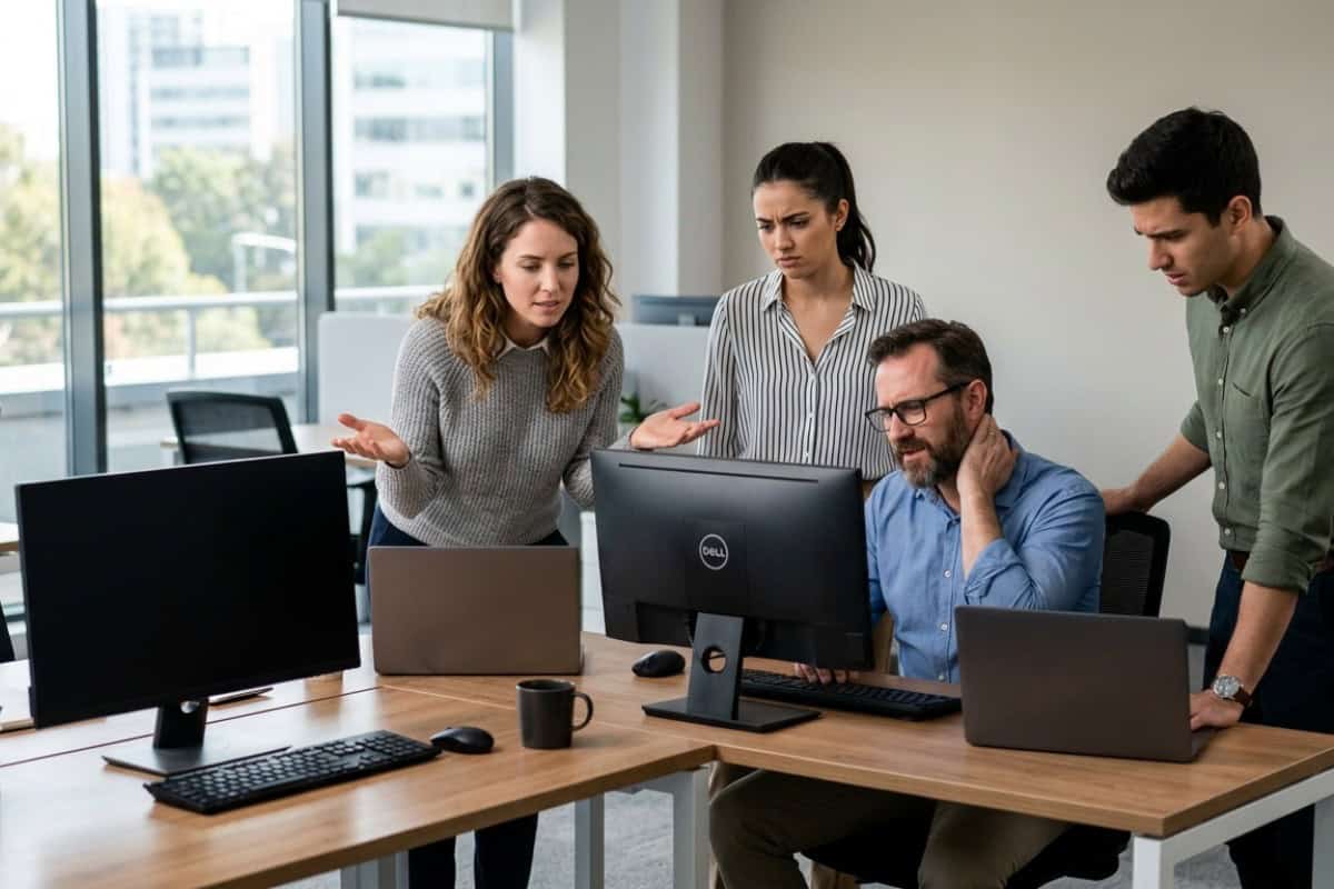 Four coworkers gather around a desk with a Dell monitor, discussing something on the screen in a bright office.