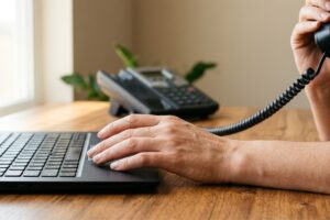 Person typing on a laptop at a wooden desk while holding a corded phone handset to their ear.