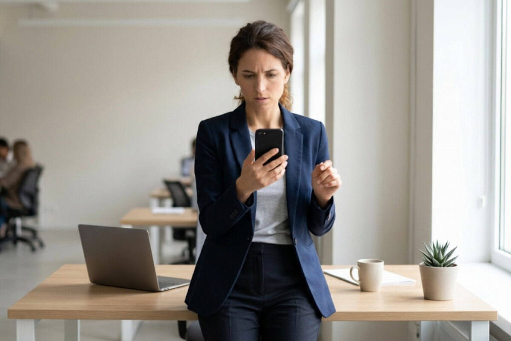 Businesswoman checking her phone while standing at a desk
