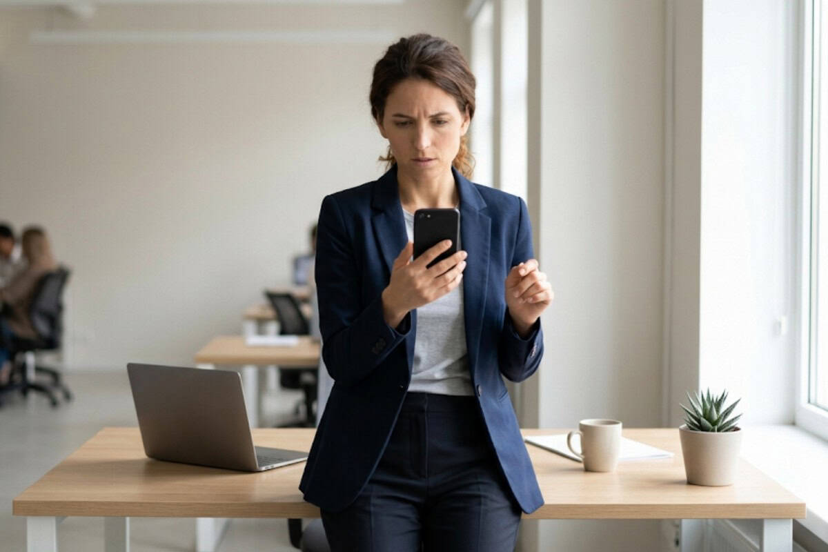 Woman in a navy blazer stands at a wooden desk in an office, looking at her smartphone; laptop, mug, and a small plant are on the desk near a large window.