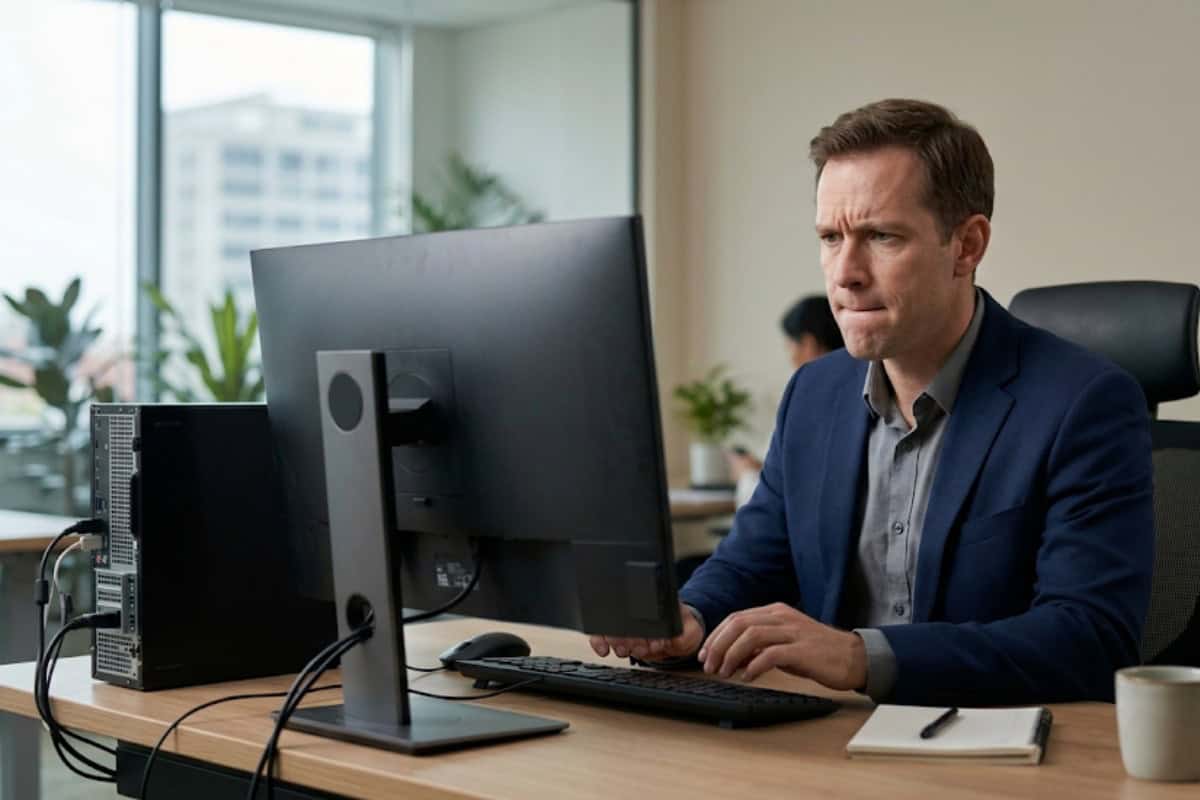 Man in a blue blazer works at a desk with a large monitor, typing and concentrating on the screen in a bright office.