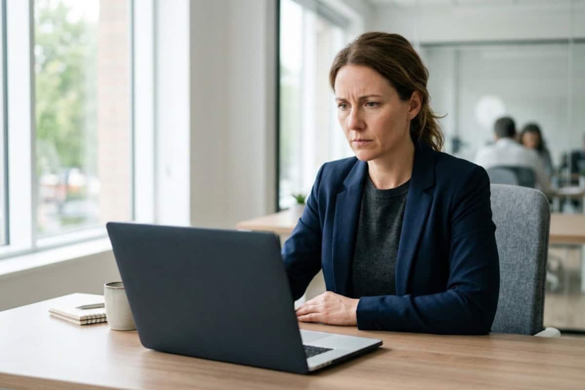 Businesswoman in a navy blazer focused on a laptop at a wooden desk in a bright office setting