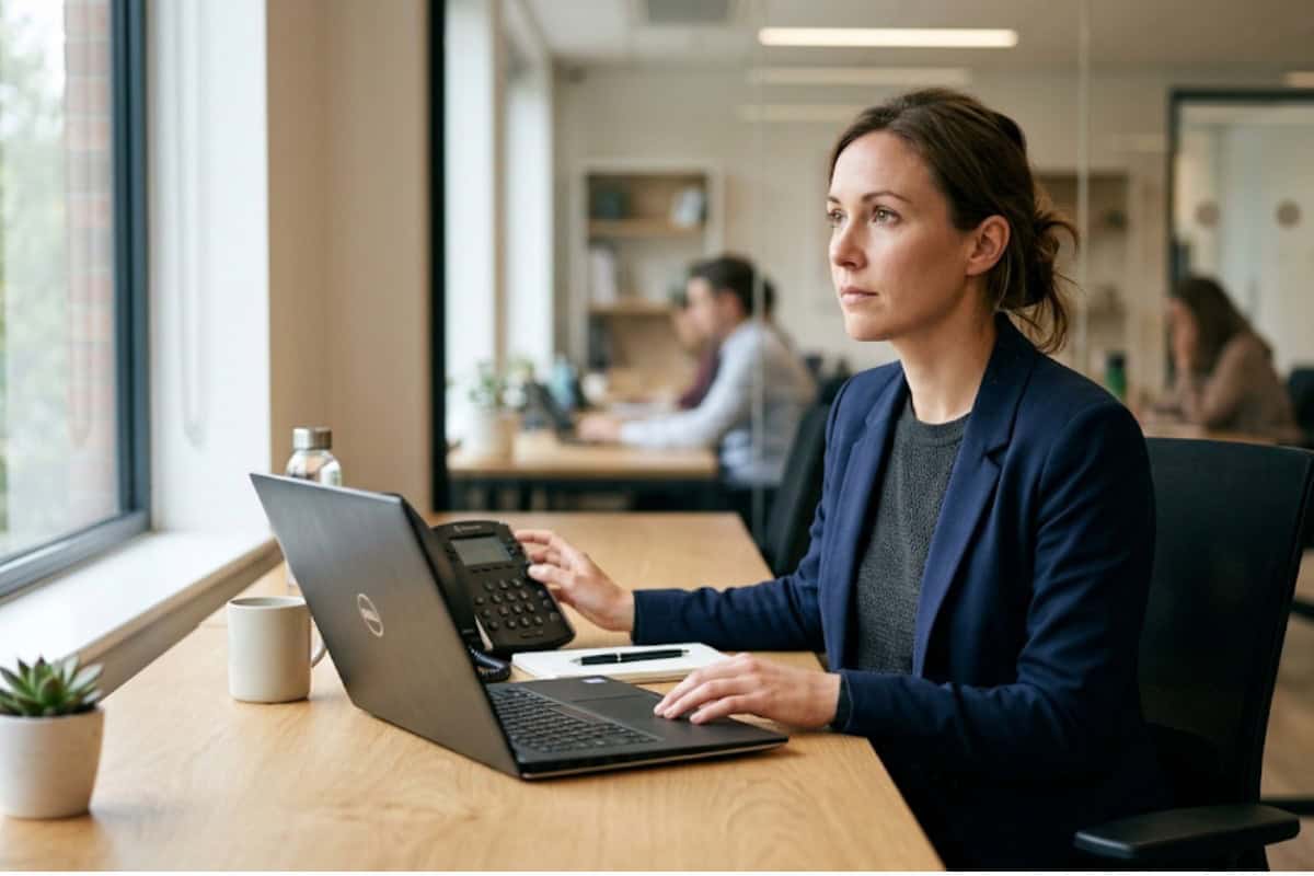 Professional woman in a navy blazer working on a laptop at a wooden desk in an open-plan office with a phone nearby and a plant left of the laptop