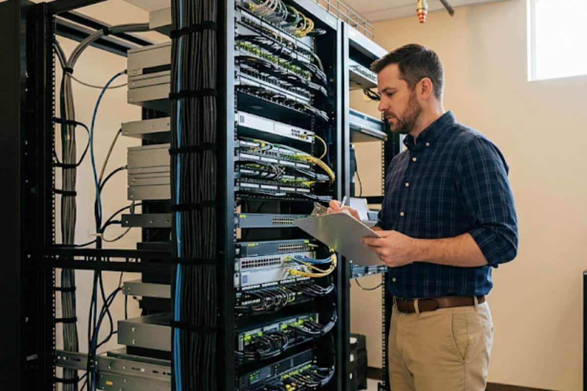 Man in plaid shirt checks a server rack with a clipboard in a data center.