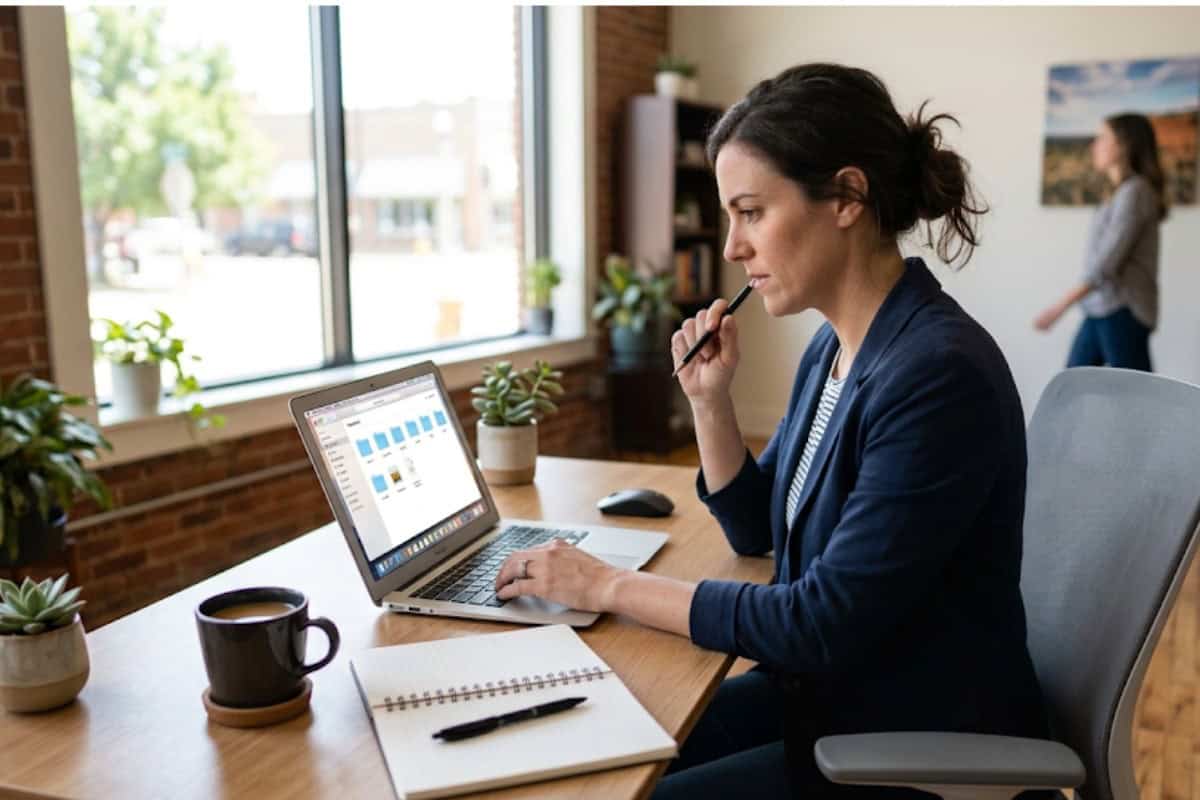 how-do-i-know-if-my-backups-are-actually-working | CamTech | IT Support | Tulsa Woman working at a desk with laptop, holding a pen near her mouth, in a bright office with plants and a coffee mug nearby