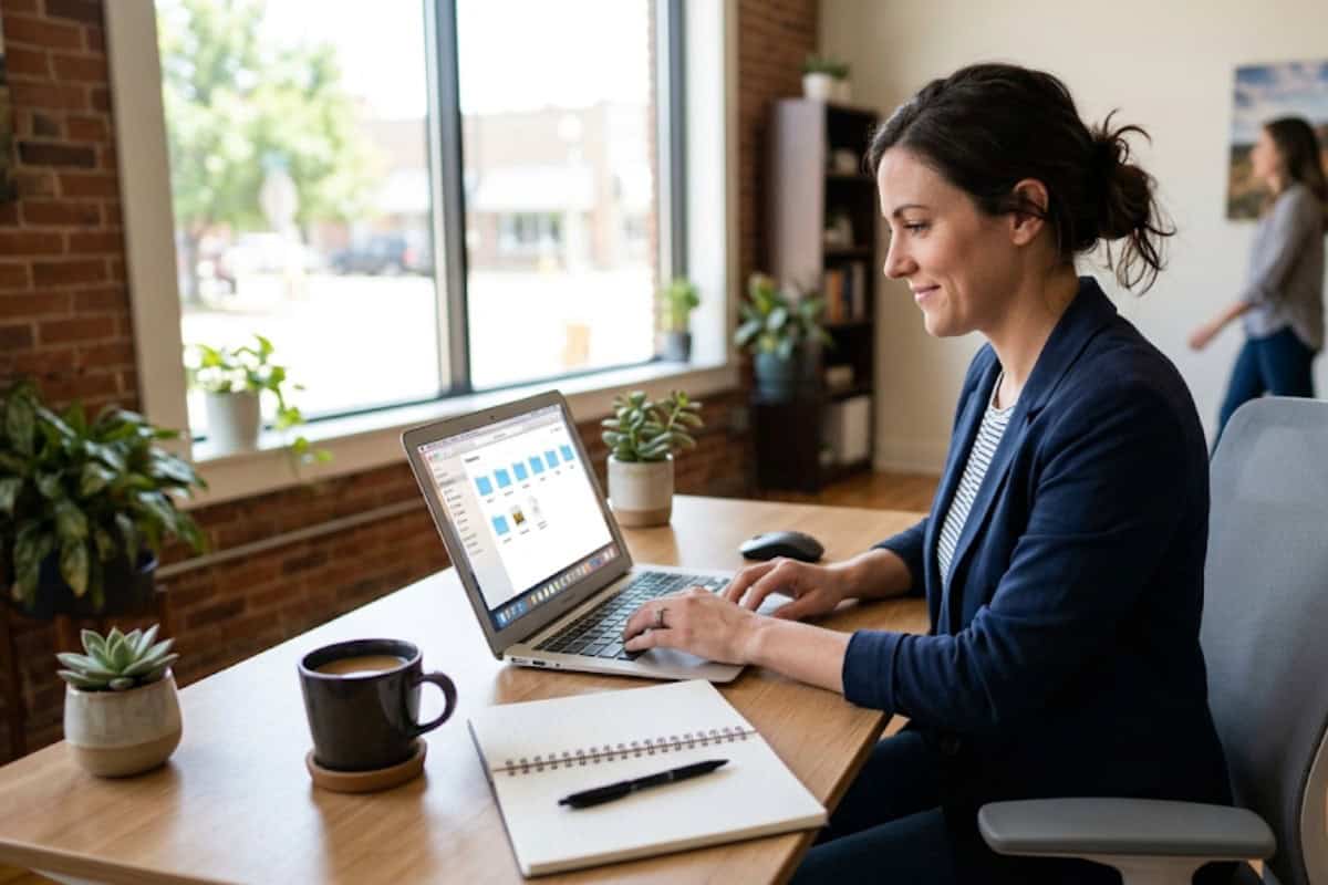 Woman in a blue blazer typing on a laptop at a wooden desk by a window, with a notebook and coffee mug nearby.