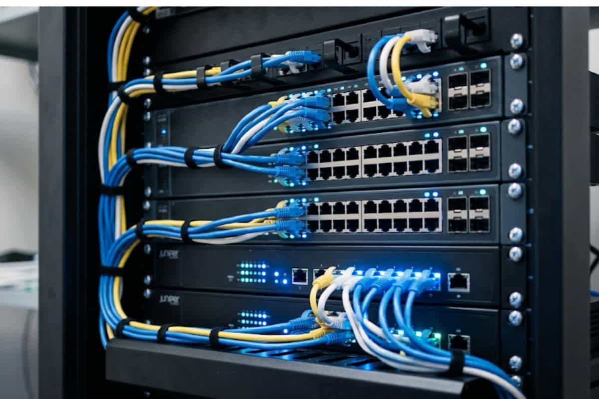 Rack-mounted network switches with blue and yellow Ethernet cables connected and illuminated LED indicators.