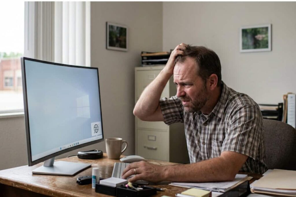 Stressed man at a desk with a computer and papers