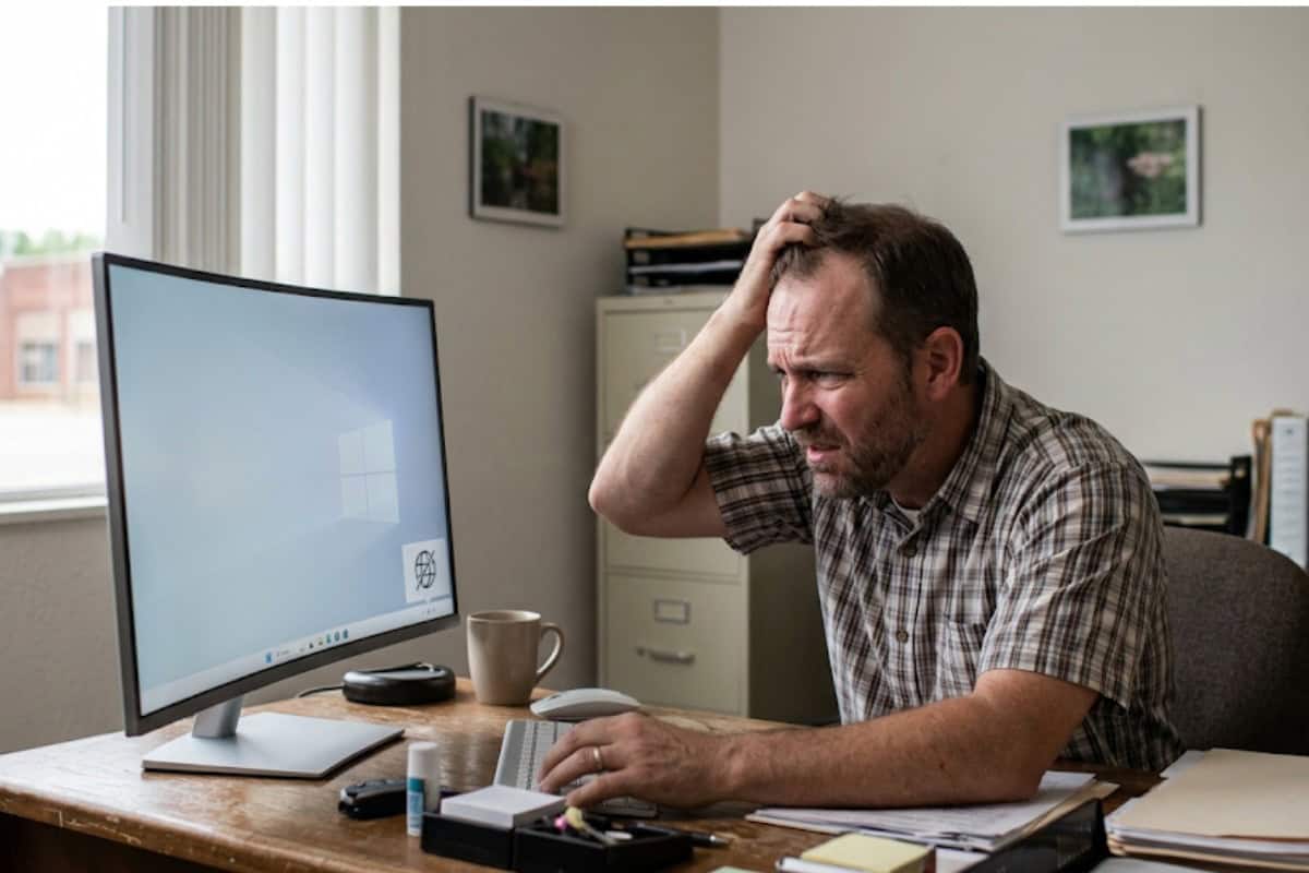 Man sits at a cluttered wooden desk in a small office, holding his head in frustration while staring at a large computer monitor with Windows wallpaper.
