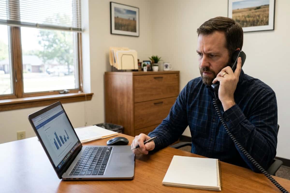 Man on a corded phone at a wooden desk, laptop showing a bar chart.