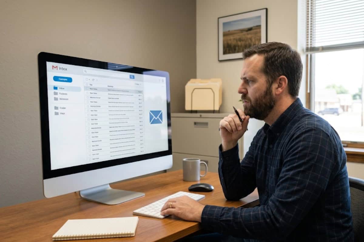 Man in a plaid shirt sits at a desk, thinking with a pen while viewing an email inbox on a large desktop computer.