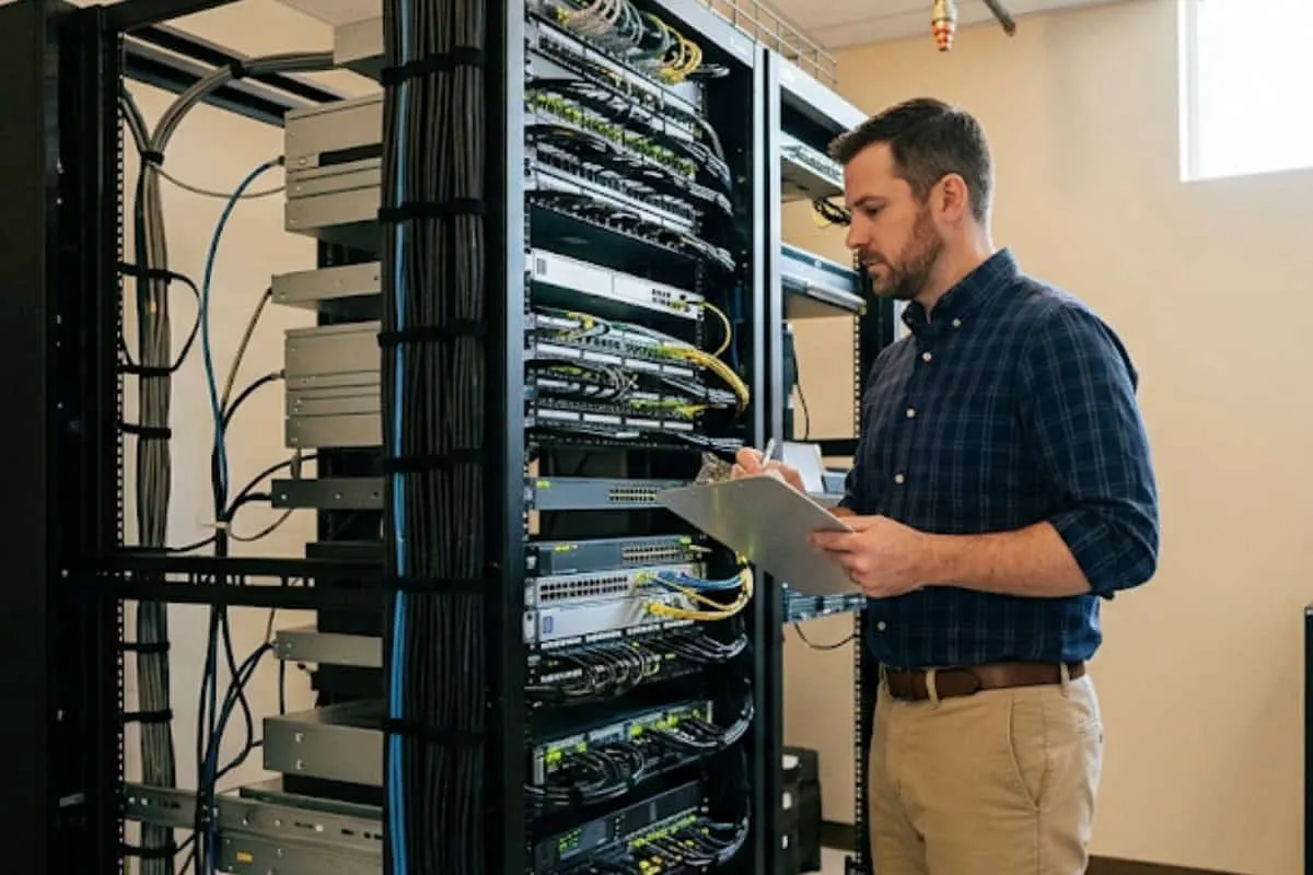 A technician checking a server rack with a clipboard